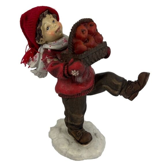 Vintage Boy Carrying Apple Basket Rare Statue Winter Hat Scarf Red Figurine - Picture 1 of 12